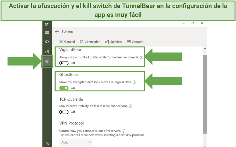 Screenshot of TunnelBear's Windows app showing the obfuscation and kill switch in its settings