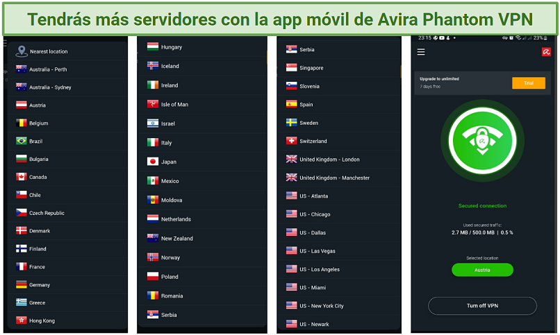 A screenshot showing a list of servers on Avira Phantom VPN Android mobile app