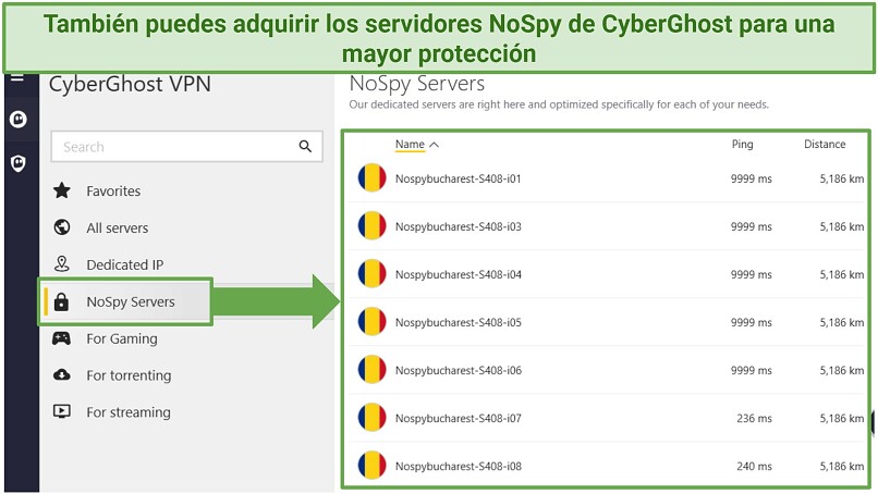 A screenshot showing CyberGhost's independently operated NoSpy servers