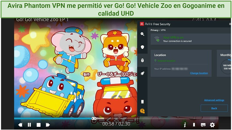 A screenshot showing streaming an anime on Gogoanime while connected to Avira Phantom VPN free server