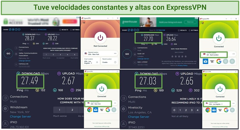 Capturas de pantalla de las pruebas de velocidad estando conectados a algunos de los servidores de ExpressVPN