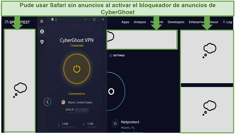 Captura de pantalla que muestra la efectividad del bloqueador de anuncios de CyberGhost.