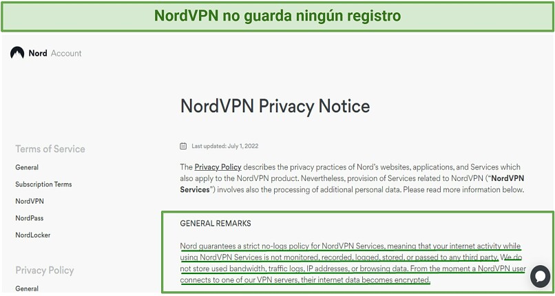 Captura de pantalla que muestra la política de privacidad de NordVPN, la cual indica que no registra los datos de los usuarios.