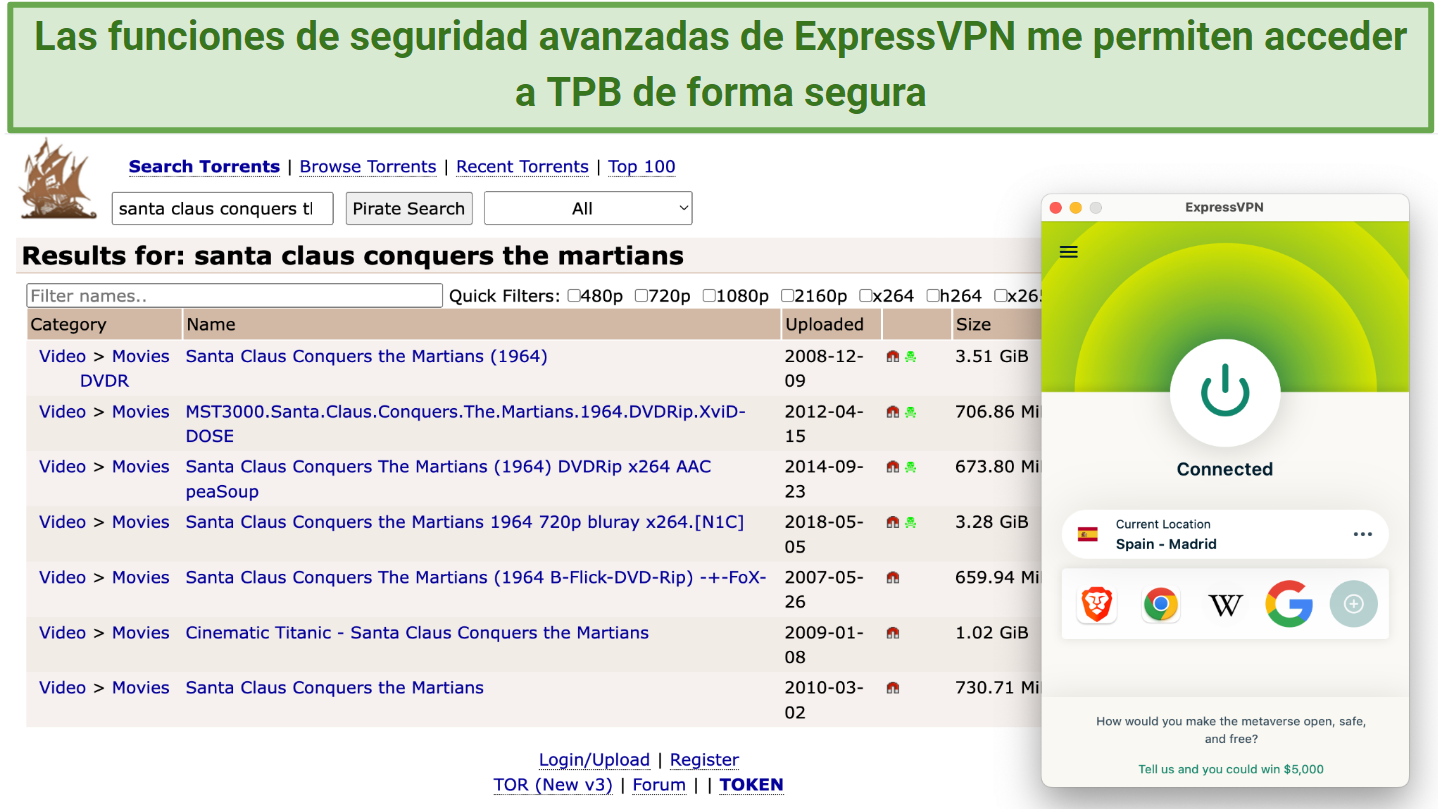 Screenshot showing the ExpressVPN app connected to Spain - Madrid over a search results page on The Pirate Bay