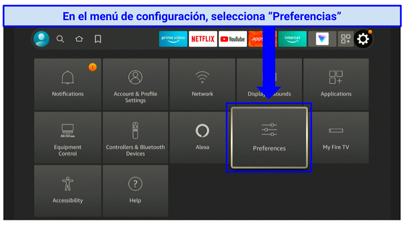 A screenshot showing the Preferences tab to click on to access Firestick's Privacy Settings