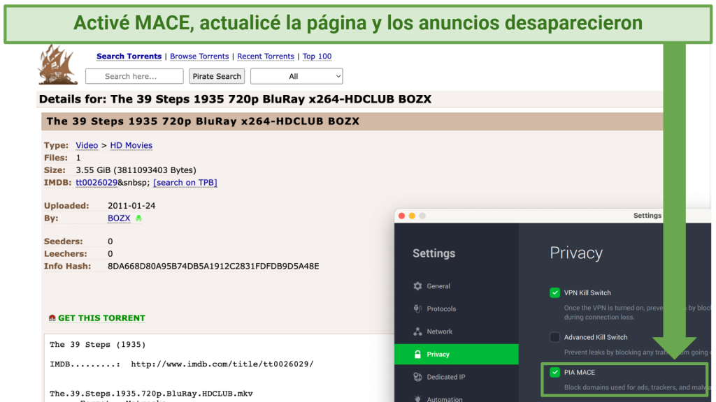 Screenshot showing The Pirate Bay without ads when MACE is enabled on Private Internet Access