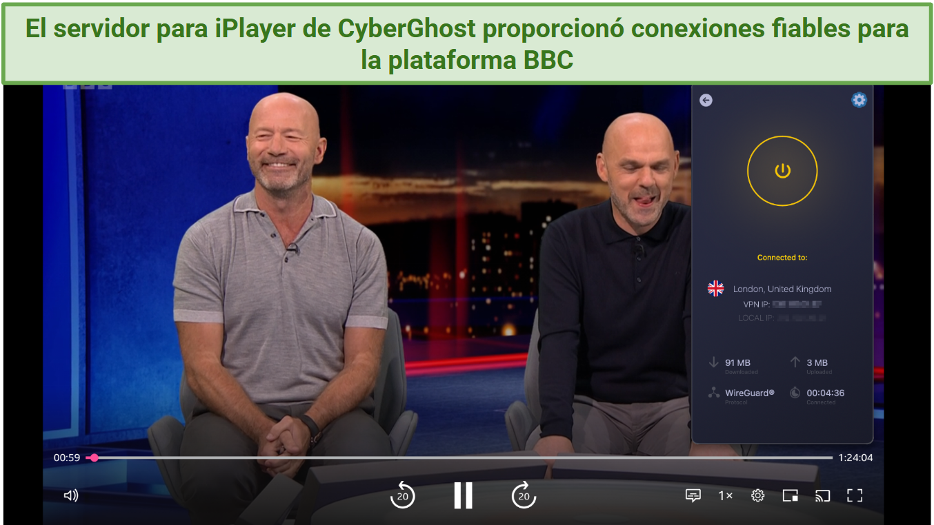 Captura de pantalla que muestra a CyberGhost conectada al servidor especializado para streaming en iPlayer sobre una ventana de navegador reproduciendo Match of the Day