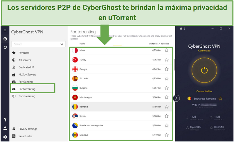 Screenshot of the CyberGhost interface showing its torrenting servers
