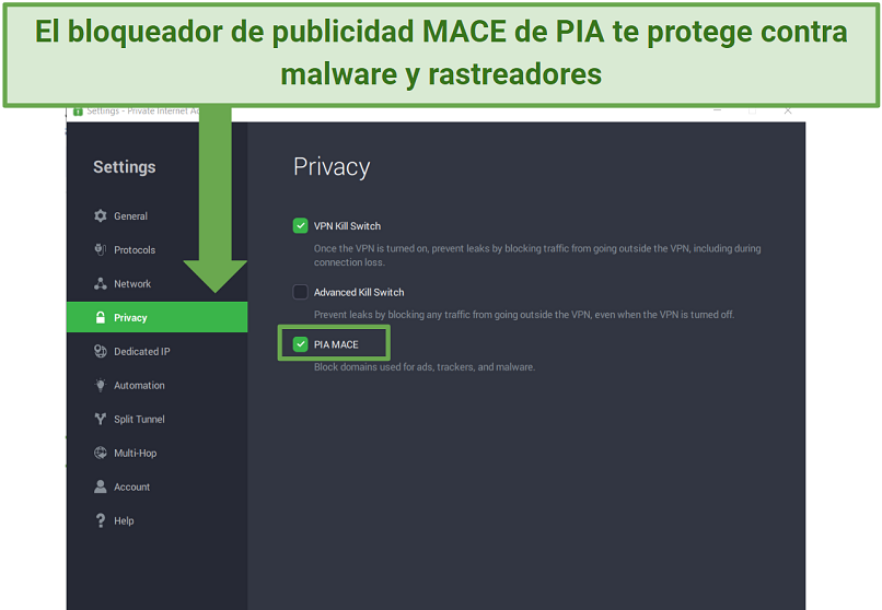 Screenshot of PIA's setting, showing how to activate MACE ad blocker