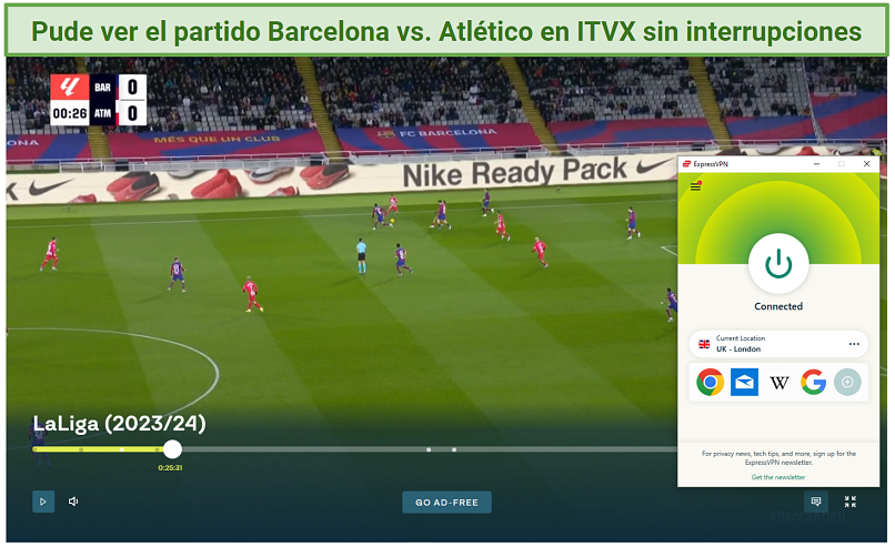 Screenshot showing a La Liga match playing on ITVX with ExpressVPN connected to a UK server
