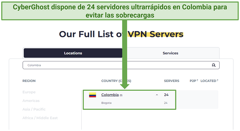 Screenshot showing the number of Colombia IPs available with CyberGhost