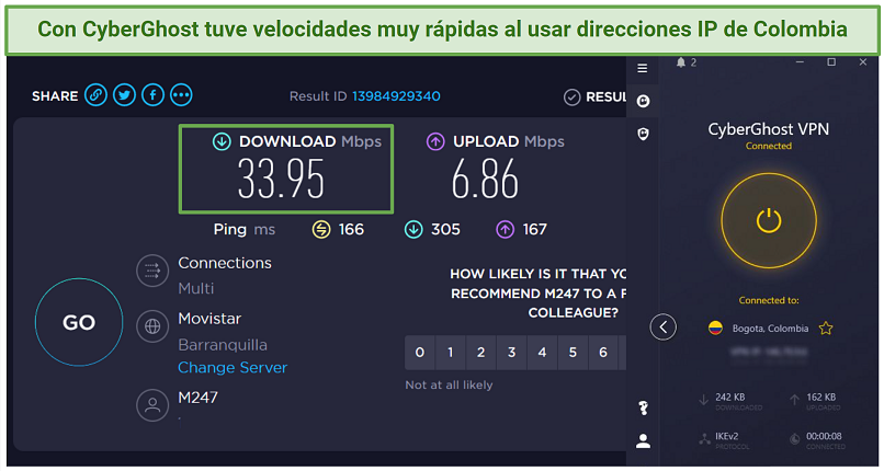 Screenshot of speed test results while connected to a Colombian IP with a CyberGhost server