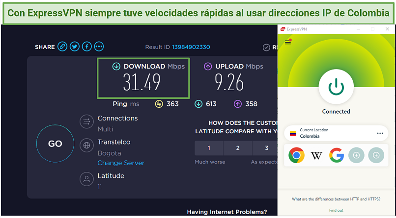 Screenshot of speed test results while connected to a Colombian ExpressVPN server