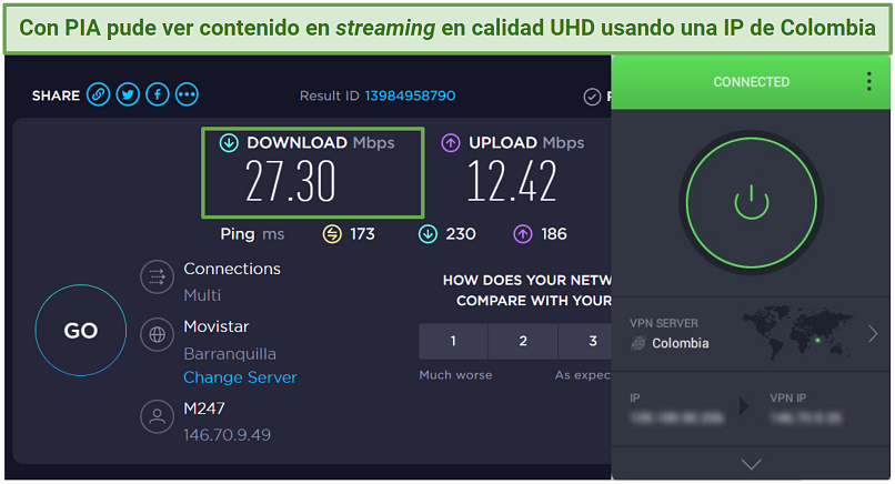 Screenshot of speed test results while connected to a Colombian PIA server