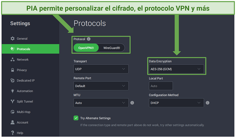 Screenshot showing Private Internet Access security settings you can alter when using a Colombia IP