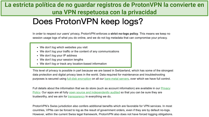 Screenshot of ProtonVPN's logging policy