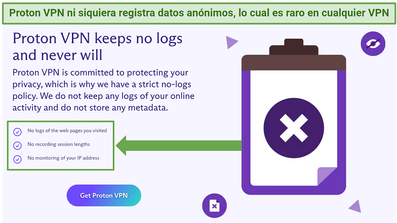 Screenshot of the Proton VPN website showing its no-logs policy