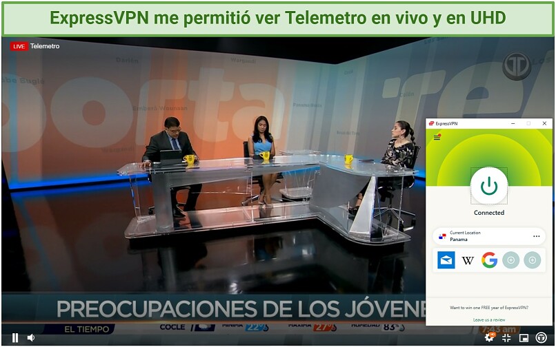 Screenshot of a Telemetro live stream while ExpressVPN is connected to a Panama server