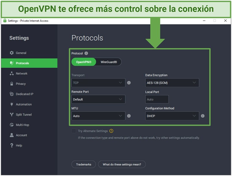 Screenshot of the PIA interface showing the different connection settings you can customize