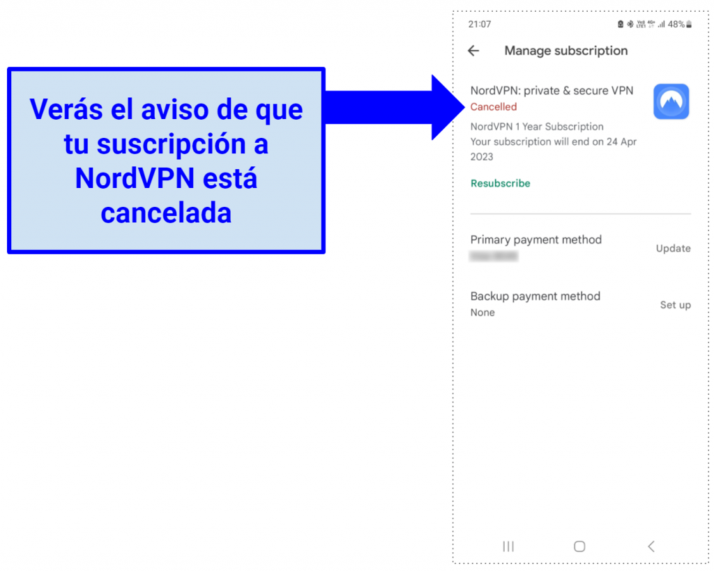 A screenshot of the Google Play Store showing that NordVPN has been canceled