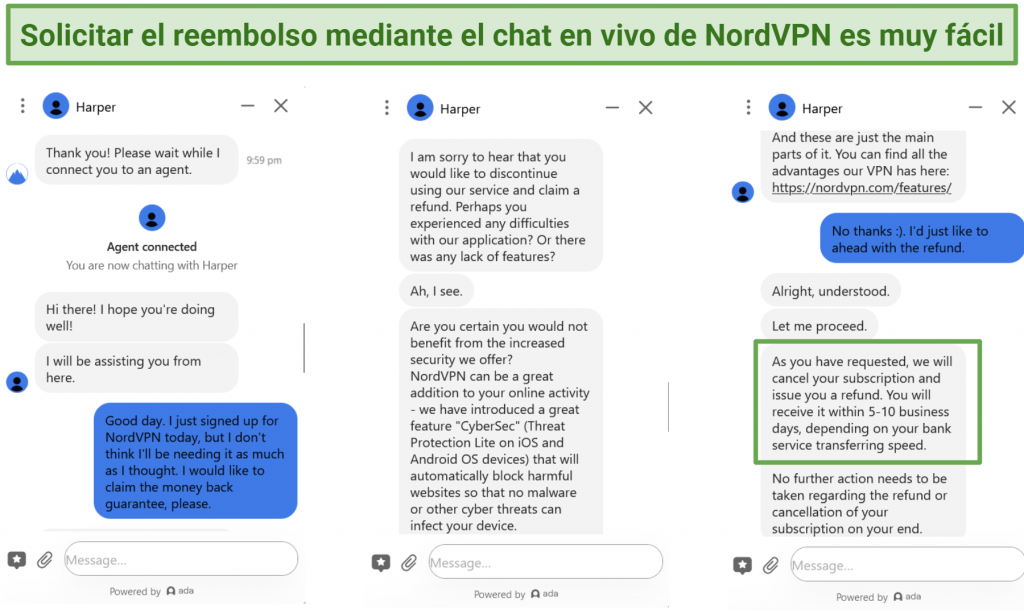 A screenshot of a conversation with NordVPN's live chat showing the refund process.