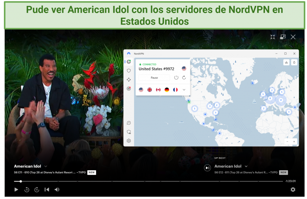 A screenshot showing NordVPN unblocking American Idol.