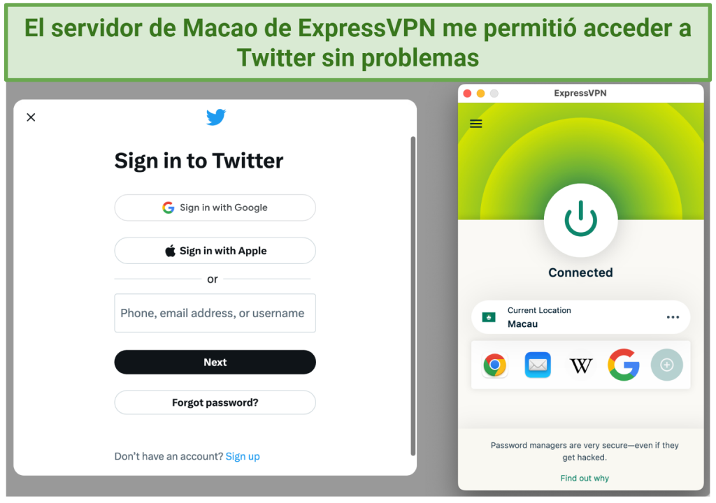 A screenshot showing you can log in to Twitter while in China using ExpressVPN's Macau server