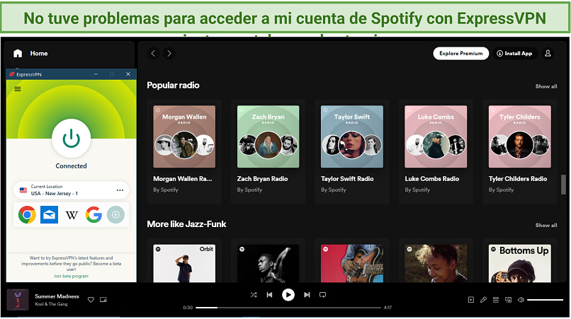 Captura de pantalla de la página de inicio de Spotify con ExpressVPN conectada al servidor de EE. UU. en Nueva Jersey