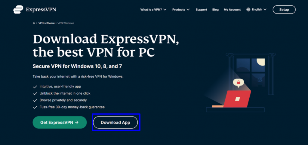 Screenshot showing the ExpressVPN website and where to download the ExpressVPN app for Windows