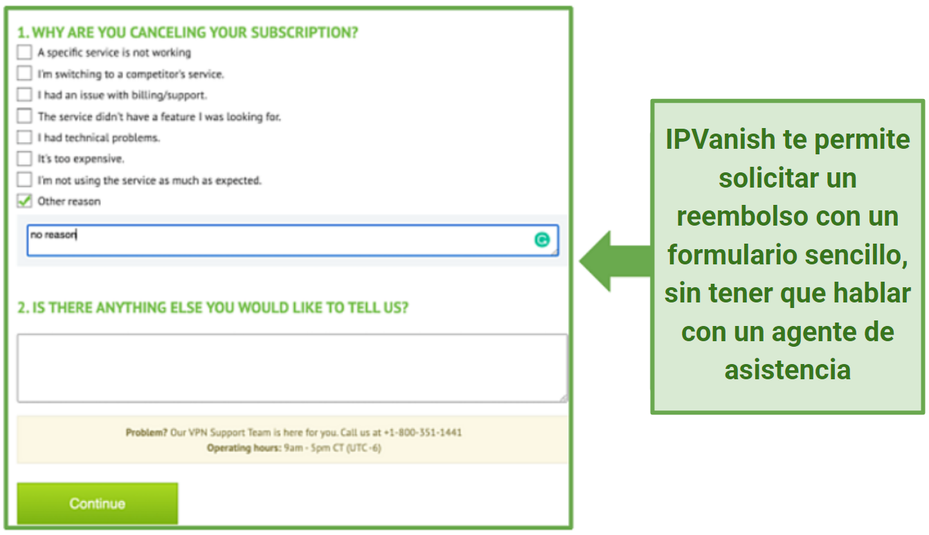 Screenshot of IPVanish's cancellation form