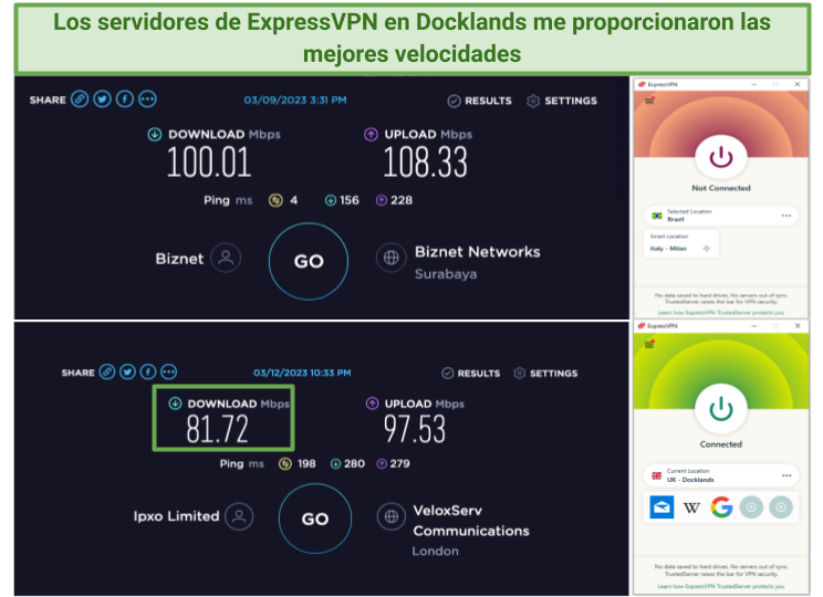 Screenshot showing ExpressVPN's impressive speed test results connected to a UK server