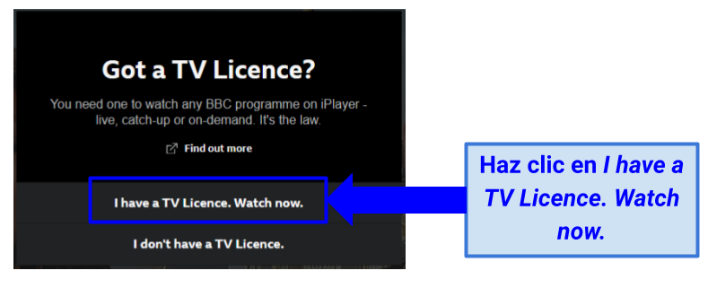 Screenshot showing a BBC iPlayer popup asking users to confirm if they have a TV license after sign up.