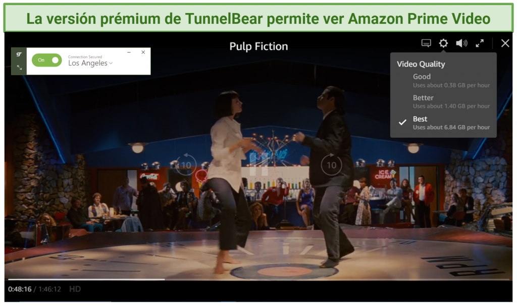 Streaming Pulp Fiction on Amazon Prime Video while connected to TunnelBear's LA server