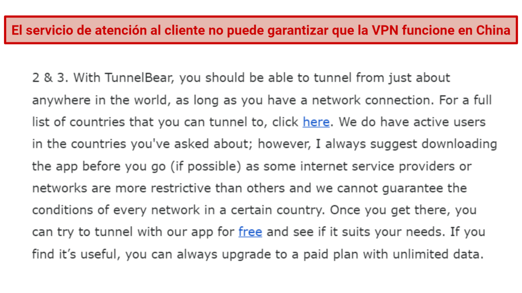 Screenshot of a reply from TunnelBear customer support regarding using the VPN in China