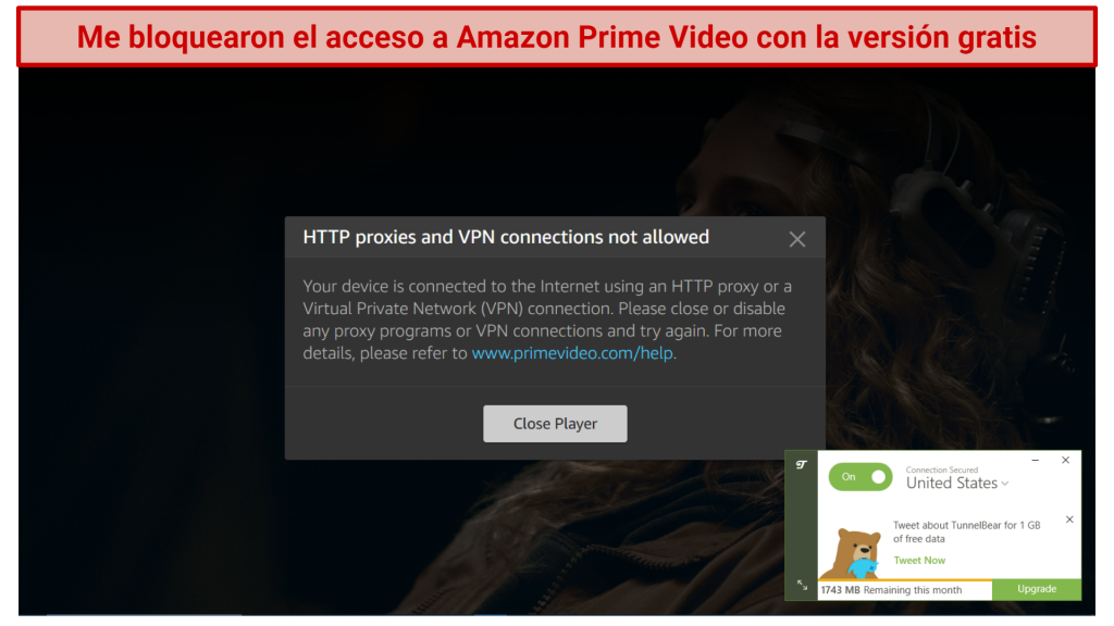 Screenshot of an error message on Amazon Prime Video while trying to stream with TunnelBear's free plan