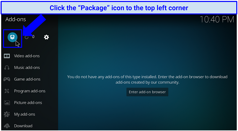 A screenshot showing the package icon you should click to access an area that has Kodi add-ons