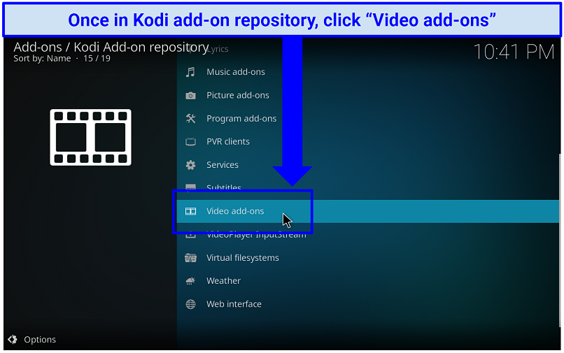 A screenshot the Video add-on option that takes you directly to official Kodi add-ons