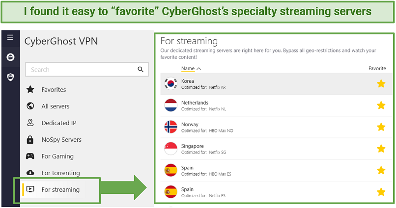 A screenshot showing CyberGhost has optimized servers that can enhance streaming on Kodi