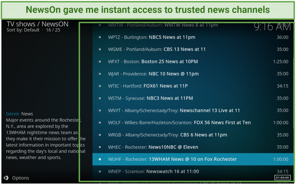 A screenshot showing you can use the NewsOn Kodi addon to stream trusted news channels across the US