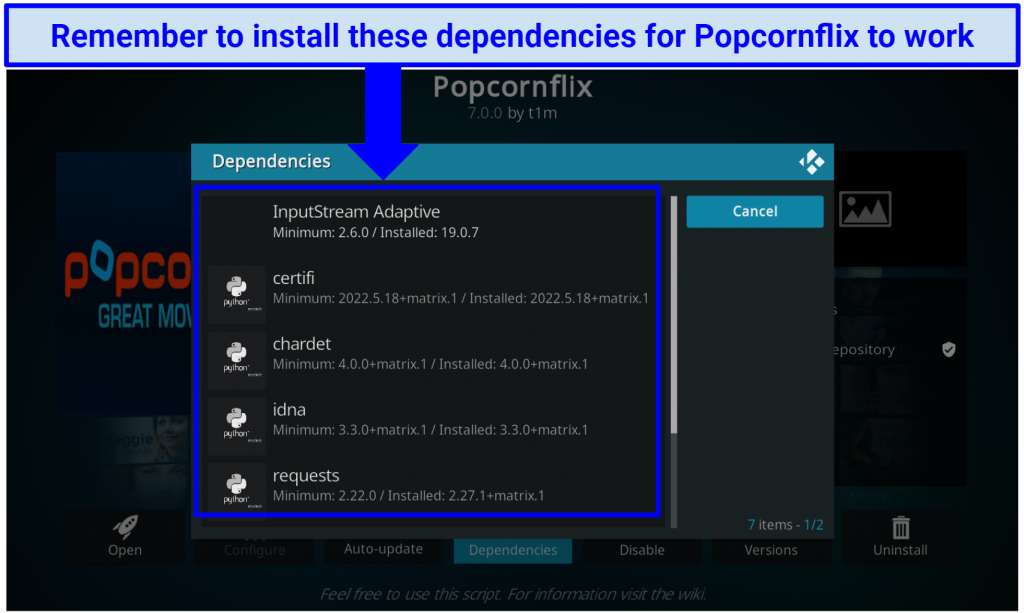 A screenshot showing you must install other dependencies for the Popcornflix addon to work