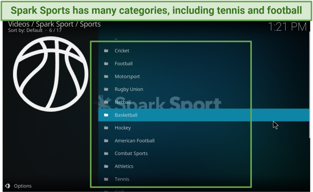 A screenshot showing Spark Sports Kodi addon provides a wide variety of sporting events