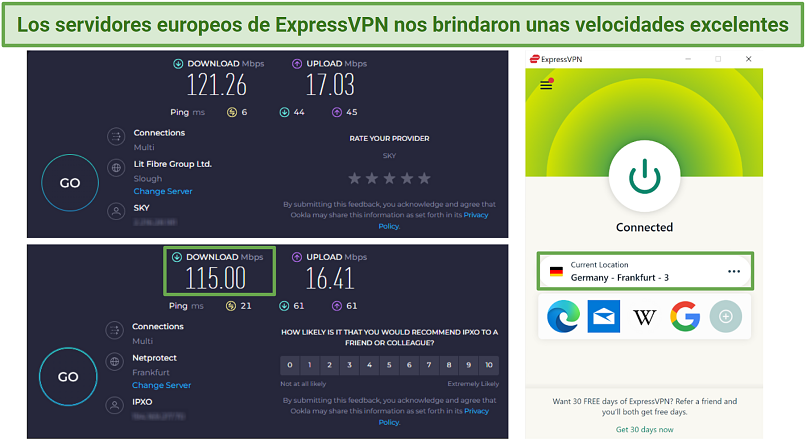Screenshot of Ookla speed tests record with no VPN connected and while connected to ExpressVPN's Frankfurt 3 server