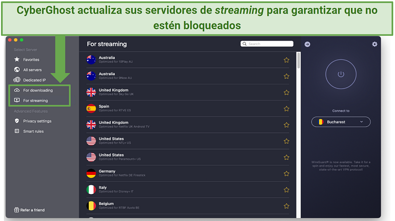 Screenshot showing the specialty streaming and downloading servers on the CyberGhost app