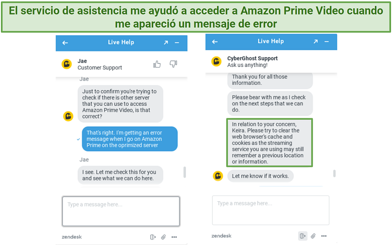 screenshot showing conversation with CyberGhost's chat support helping with an issue about Amazon Prime Video