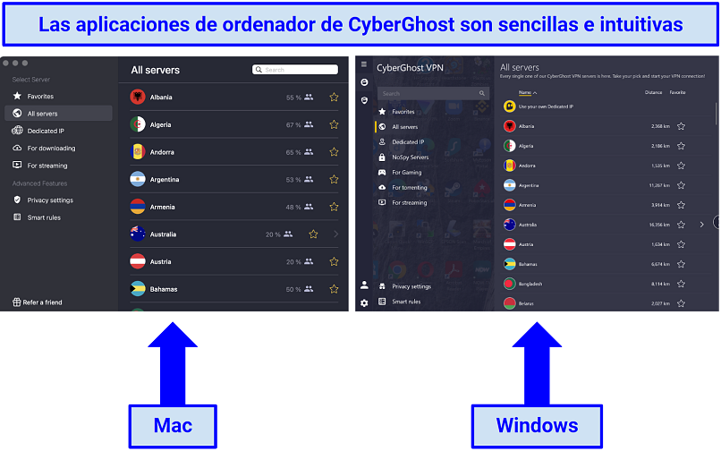 screenshots of the Windows and macOS CyberGhost apps