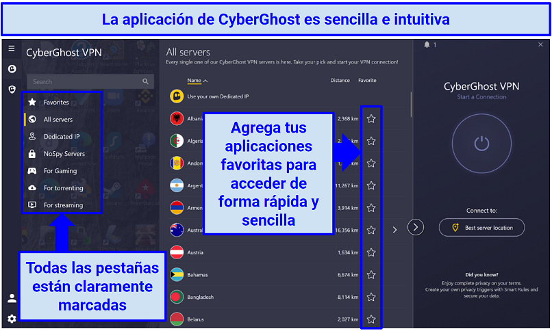 Screenshot showing CyberGhost's app highlighting the menu and how to favorite servers
