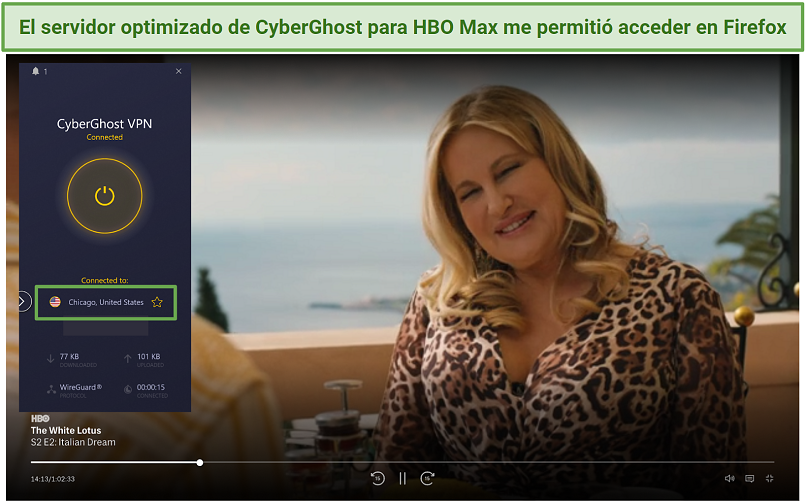 Screenshot of CyberGhost unblocking HBO Max