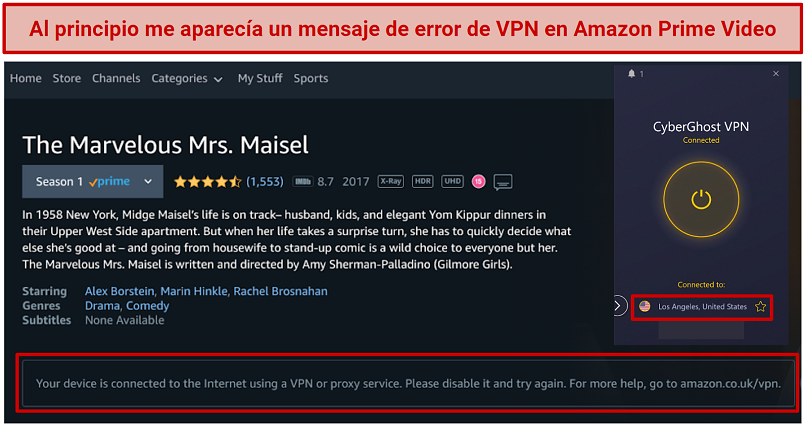 Screenshot showing the Amazon Prime VPN error message with CyberGhost