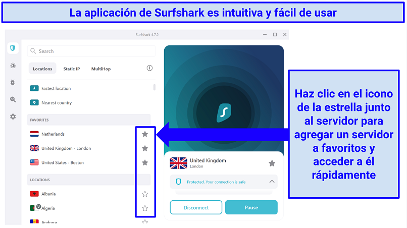 Screenshot showing how to save servers as favorites on Surfshark