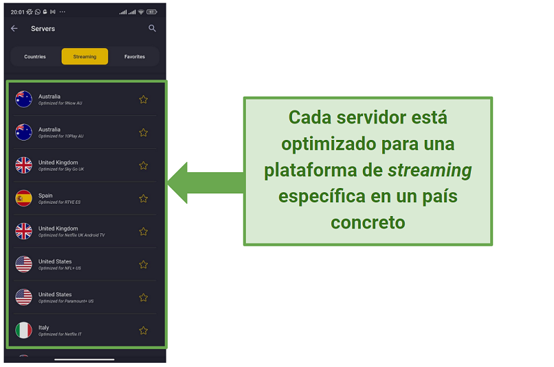 Screenshot of CyberGhost's Android app showing its streaming-optimized servers